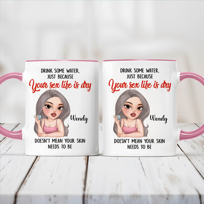 365Gifty funny sister gift mug white ceramic set with pink handles featuring cheeky cartoon woman and humorous hydration quote