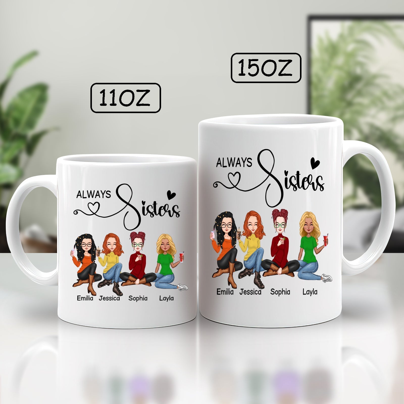 365Gifty sisters always together mug set in 11oz and 15oz featuring illustrated women and names Emilia Jessica Sophia Layla