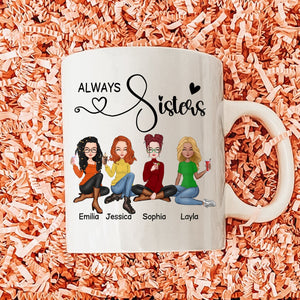 White sisters always together mug featuring cartoon sisters Emilia, Jessica, Sophia, and Layla sitting with drinks