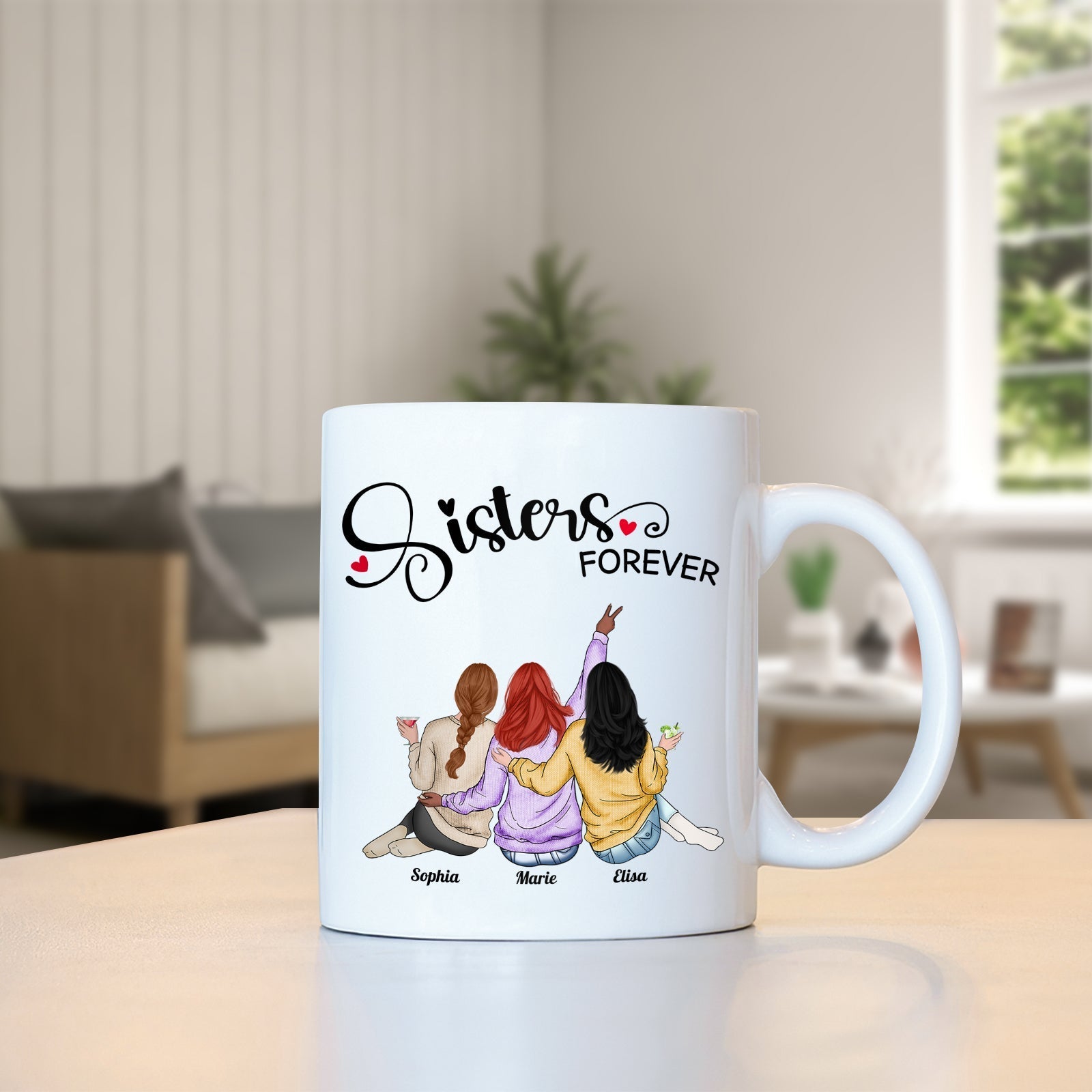Sisters forever coffee mug with illustration of three women sitting together and names Sophia Marie Elisa
