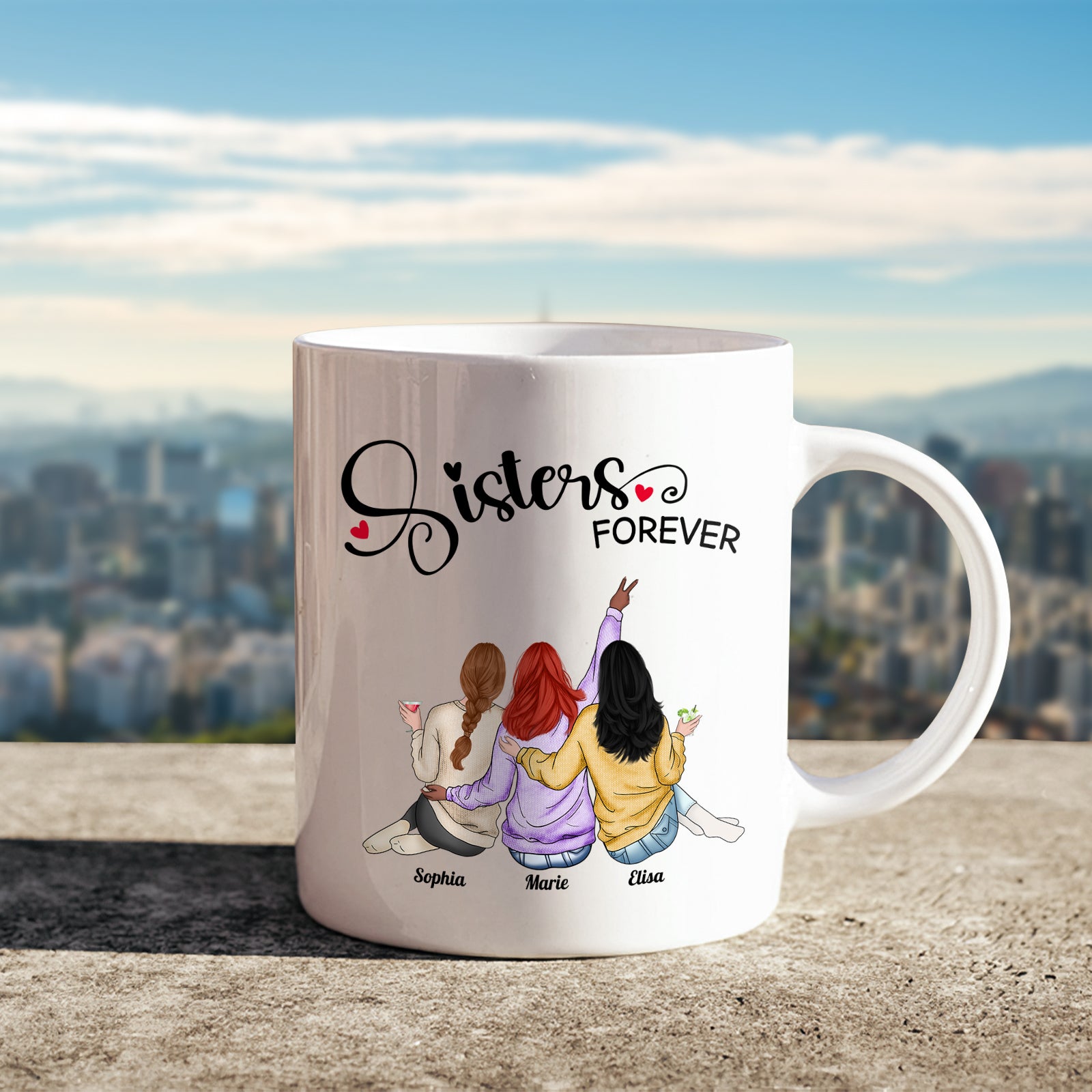 365Gifty sisters forever coffee mug with illustration of three women sitting side by side enjoying drinks