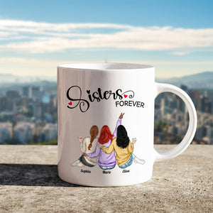 365Gifty sisters forever coffee mug with illustration of three women sitting side by side enjoying drinks