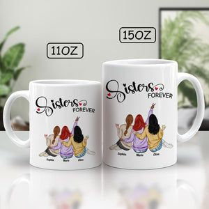 Sisters forever coffee mug set in 11oz and 15oz sizes featuring three women sitting together