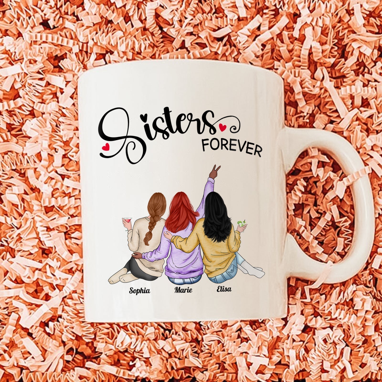 White sisters forever coffee mug with illustration of three women and names Sophia Marie and Elsa