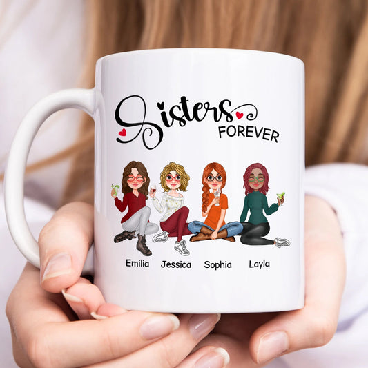 White sisters forever gift mug with cartoon sisters and personalized names Emilia Jessica Sophia Layla