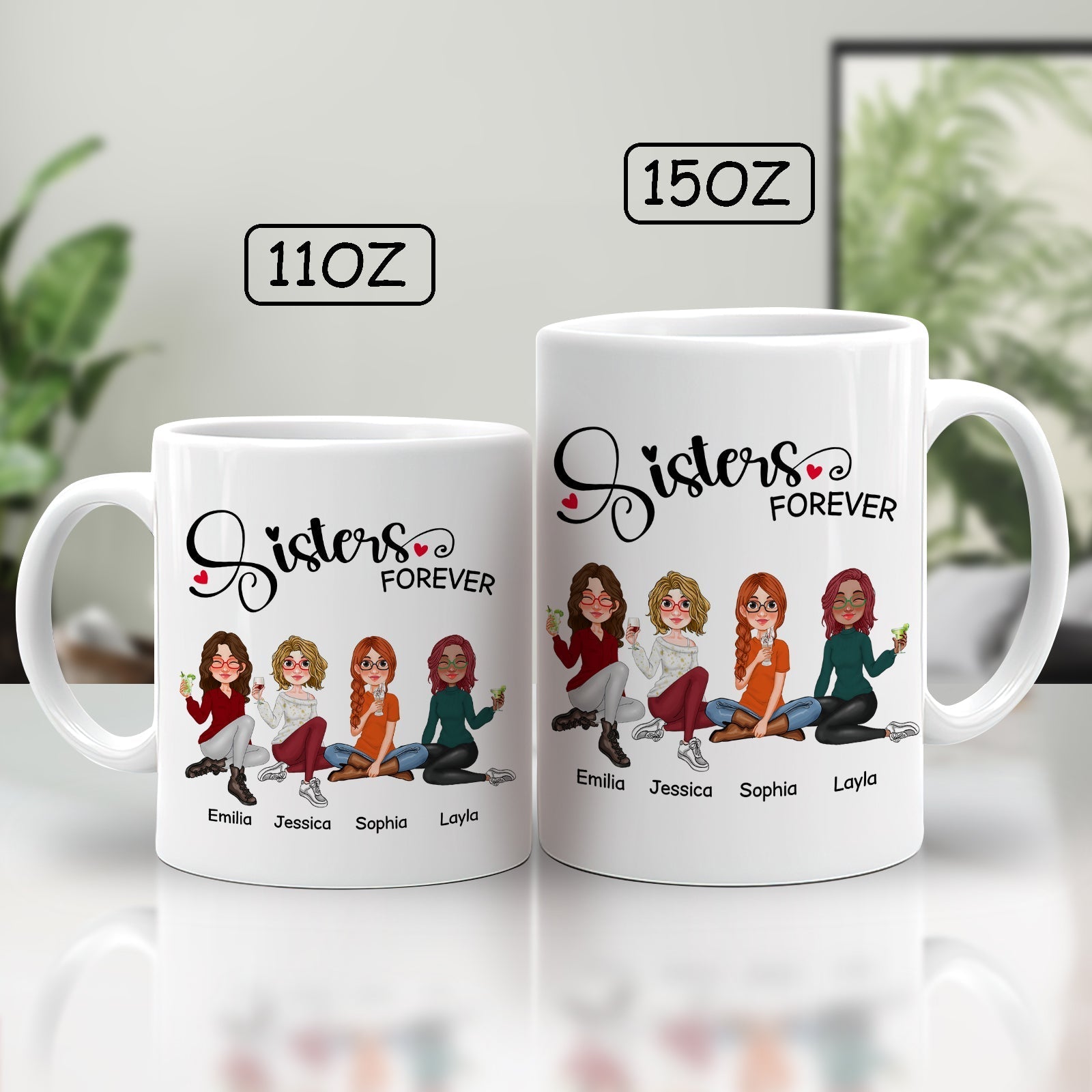 Sisters forever gift mug with illustrated sisters and personalized names in 11oz and 15oz sizes