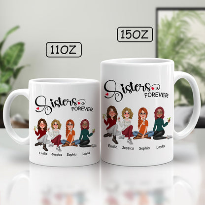Sisters forever gift mug with illustrated sisters and personalized names in 11oz and 15oz sizes
