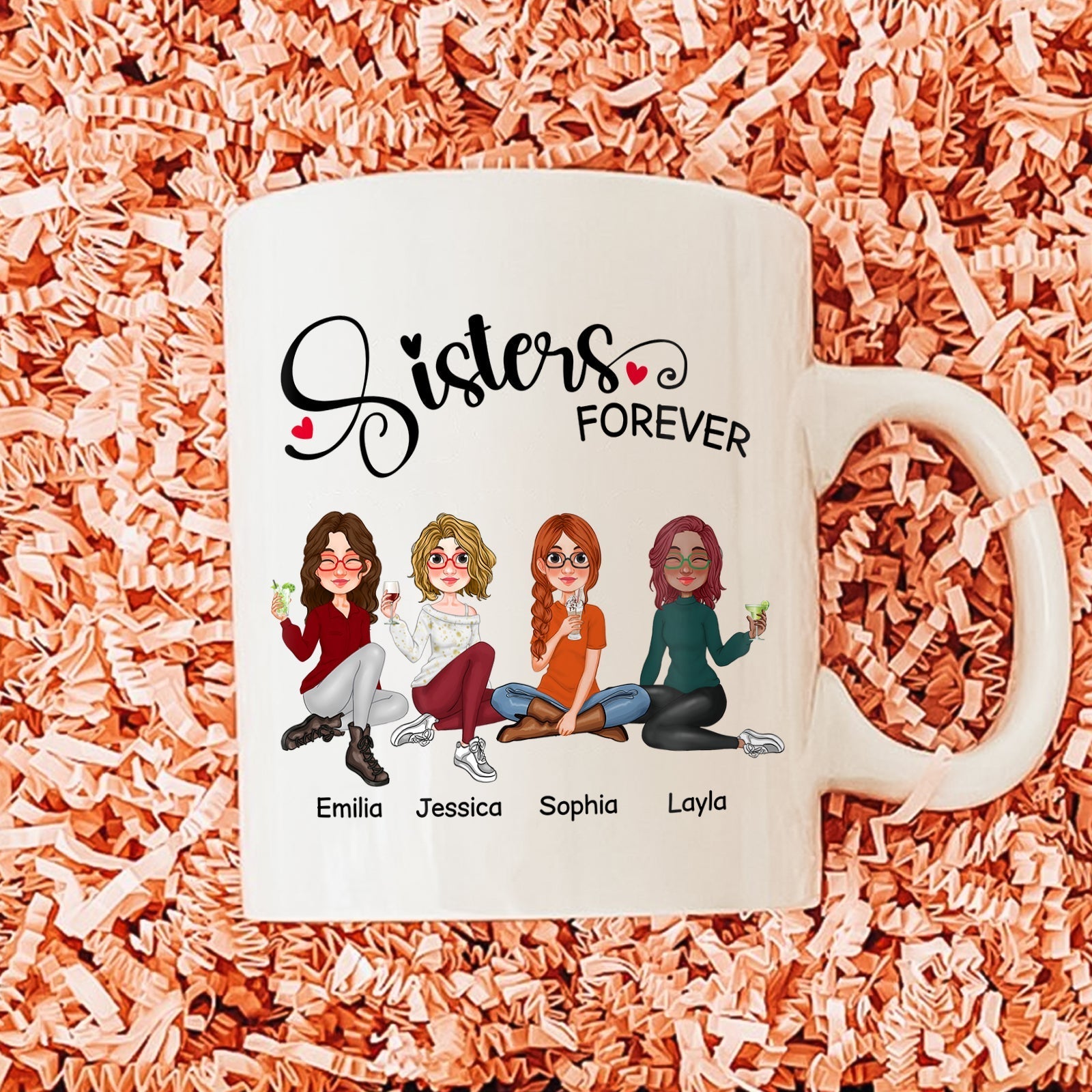 White sisters forever gift mug with cartoon sisters Emilia Jessica Sophia Layla sitting and holding flowers