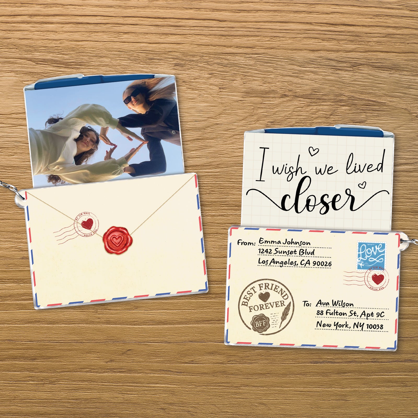 Slider Card Keychain For Bestie with photo and heartfelt message I wish we lived closer in envelope design