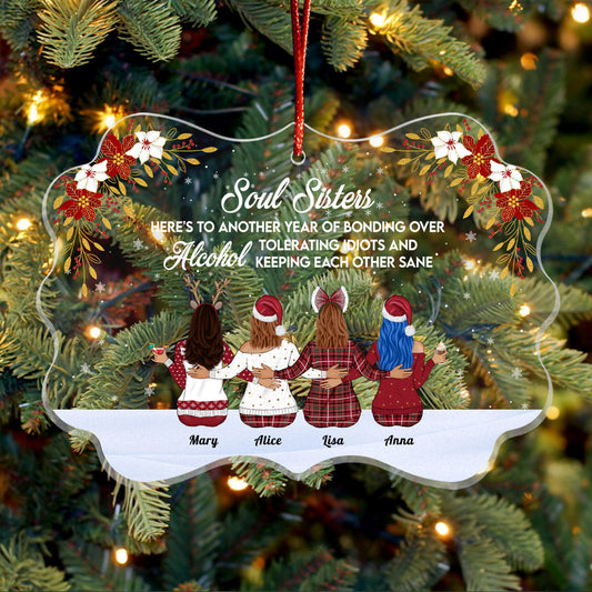 365Gifty personalized best friend ornament Soul Sisters hanging on tree showing four friends from behind with names