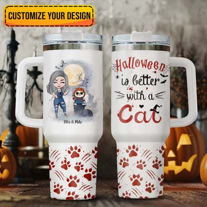 White ceramic mug with blue butterfly sisters design and custom names Sarah Linda Sophia personalized Halloween tumbler