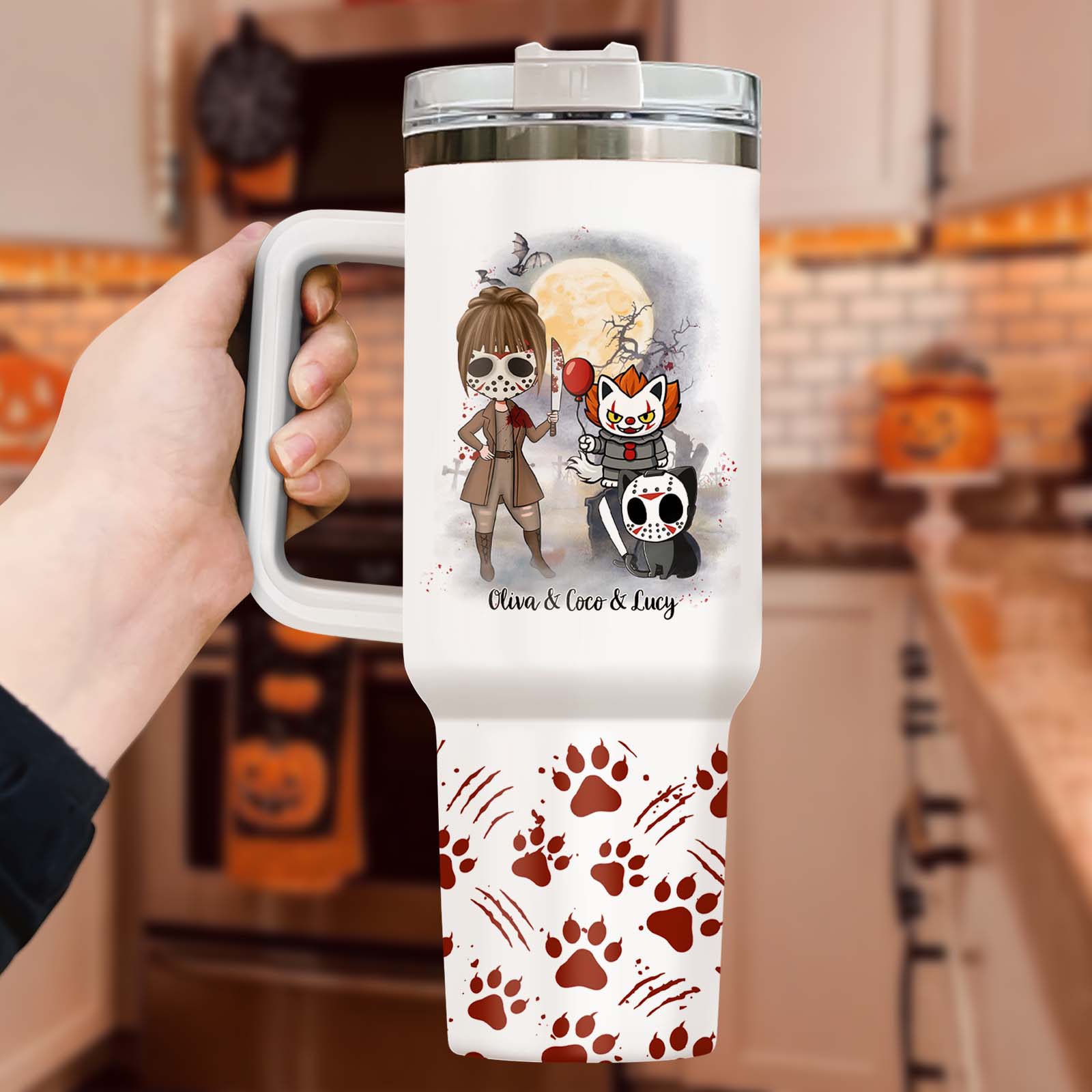 White personalized Halloween tumbler with handle featuring chibi horror characters moon art and paw print pattern