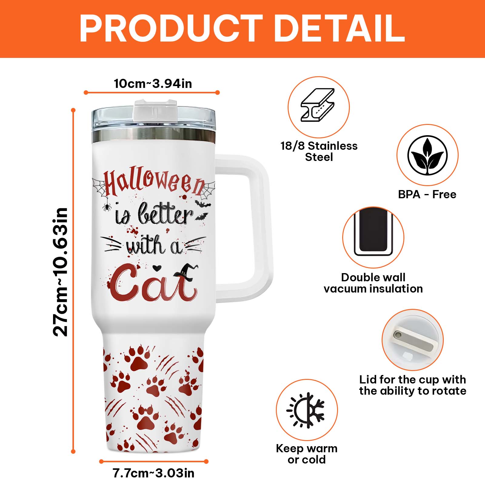 365Gifty personalized Halloween tumbler white stainless steel travel mug with cat paws handle and insulation