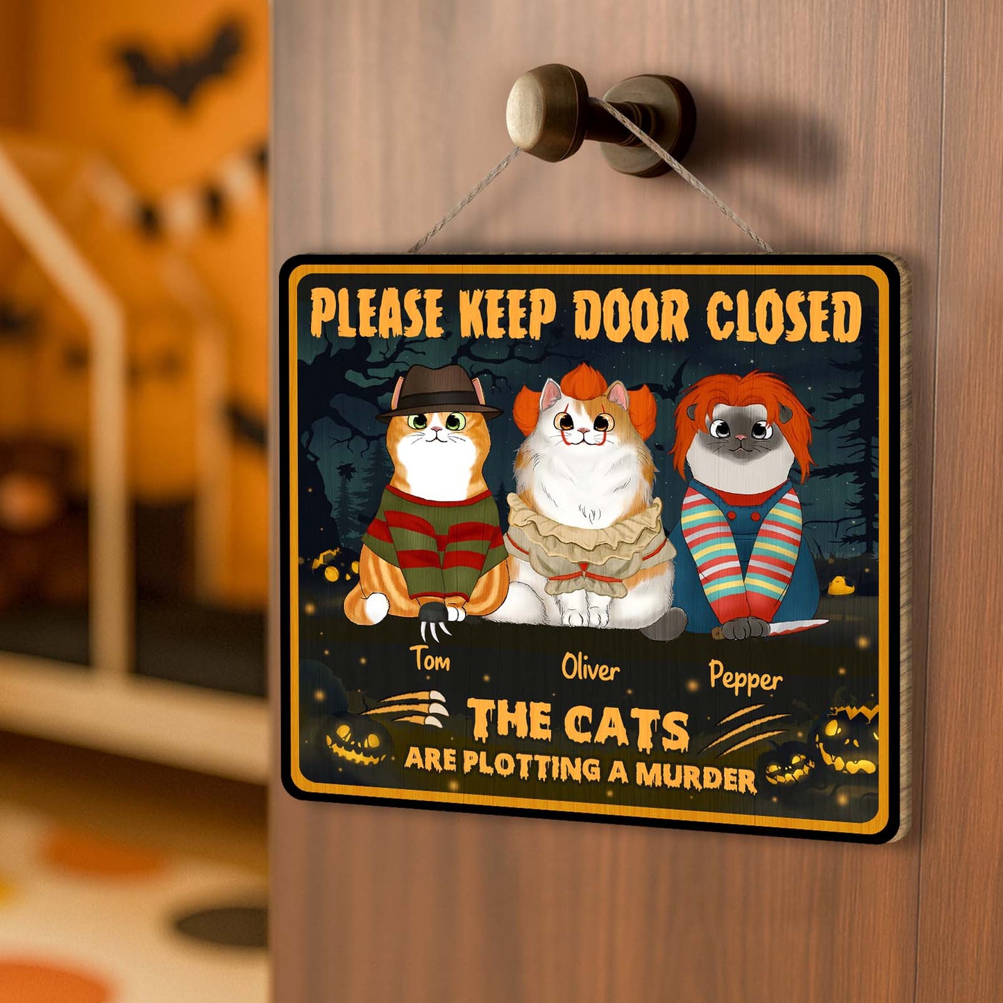 Halloween personalized cat door sign hanging on door knob with three cats in spooky costumes and names Tom Oliver Pepper