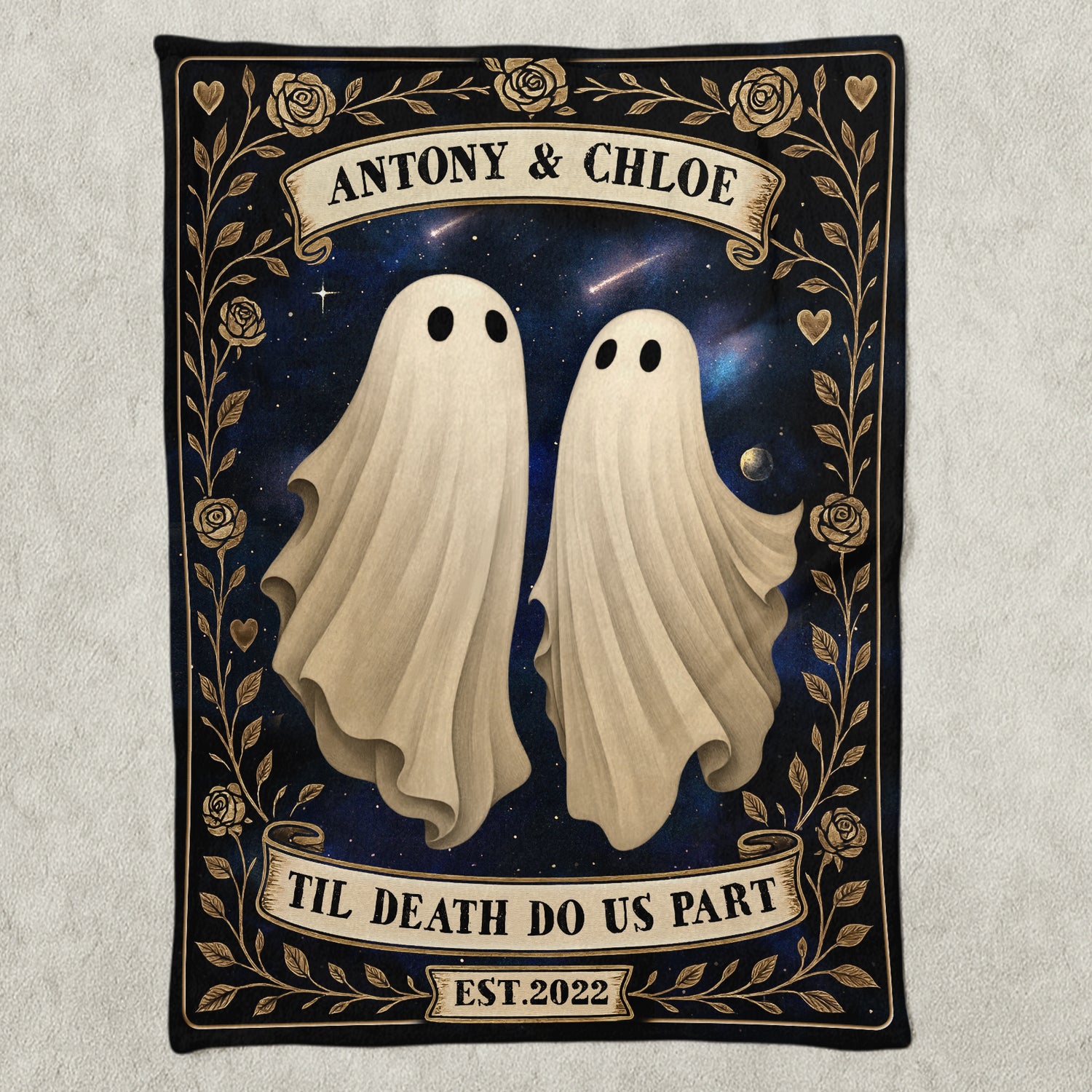 Two beige ghosts on starry background personalized Halloween blanket for couples with names and gold floral border