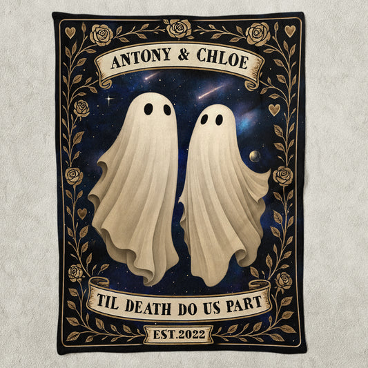 Two beige ghosts on starry background personalized Halloween blanket for couples with names and gold floral border