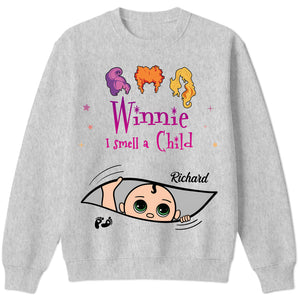 Grey sweatshirt 365Gifty personalized Halloween shirt with Winnie I Smell a Child graphic and baby peek name Richard