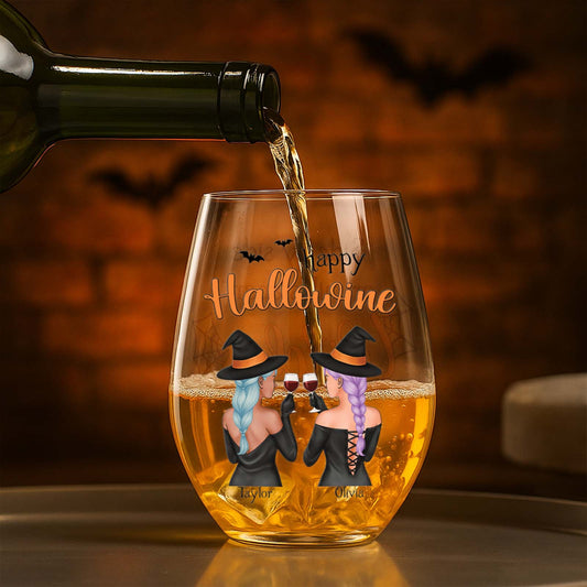 365Gifty custom Halloween wine glass stemless with two witches clinking glasses and bats