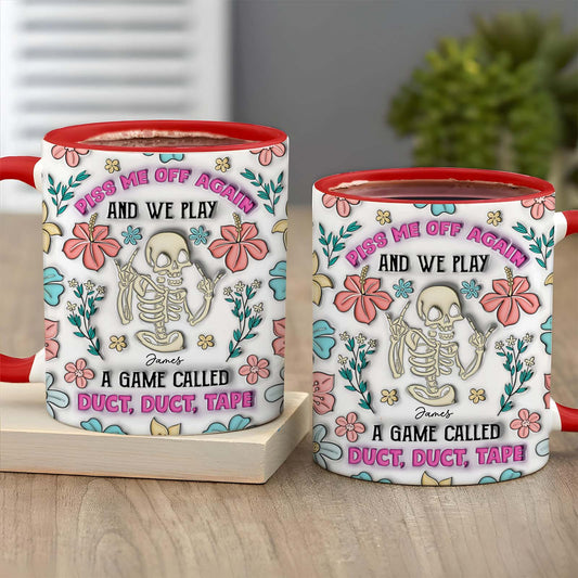 Two ceramic personalized halloween mug featuring skeleton with pastel flowers and playful duct tape game text