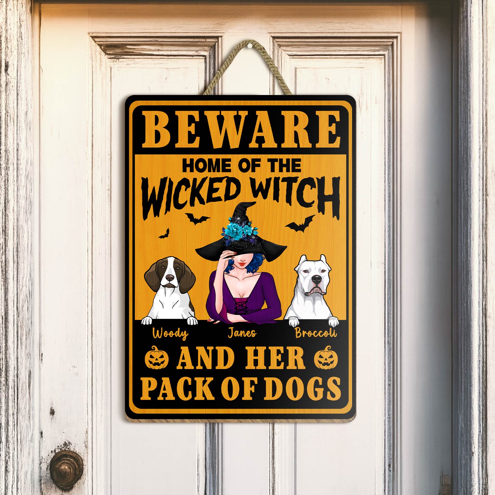 365Gifty Beware home of the Wicked Witch door sign showing a witch in purple and two dogs unique Halloween gifts for pet lovers