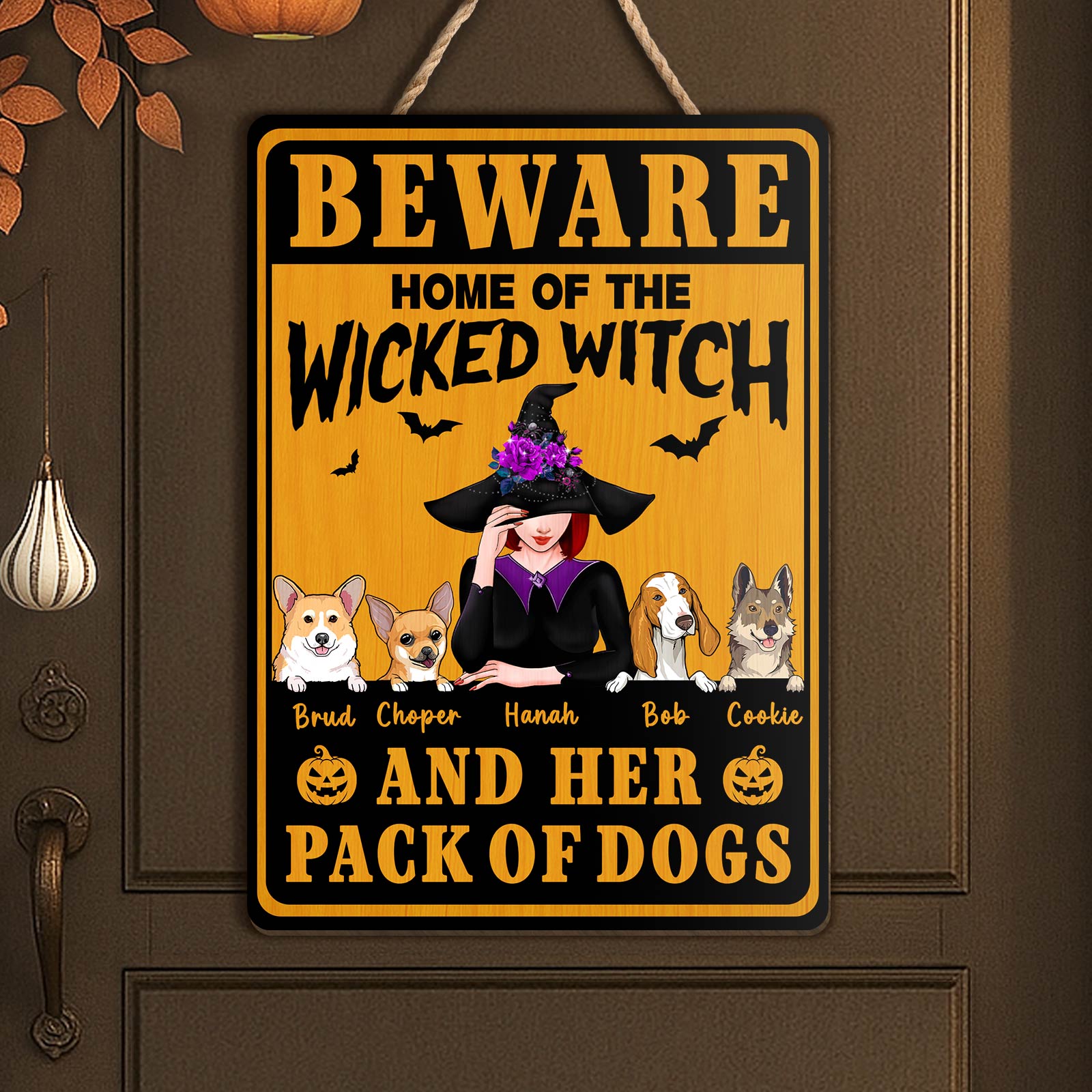Wooden Partners in Crime plaque ornament with cartoon Jessica and Stacey, unique Halloween gifts for pet lovers