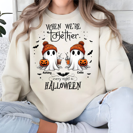 Cream sweatshirt featuring two cute ghosts in orange beanies holding pumpkins and drinks personalized Halloween ghost shirt