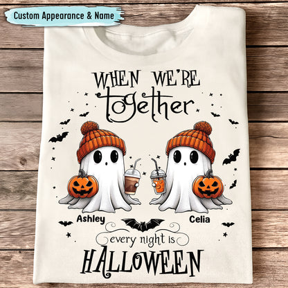 personalized Halloween ghost shirt featuring two beanie ghosts holding pumpkins and drinks with custom names Ashley and Celia