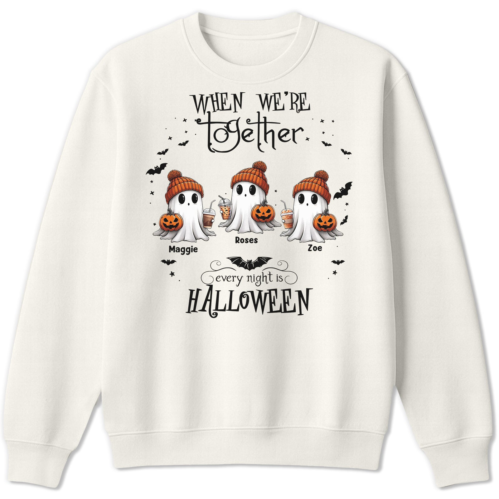 personalized Halloween ghost shirt white sweatshirt with three ghosts in orange knit hats holding jack o lanterns and names