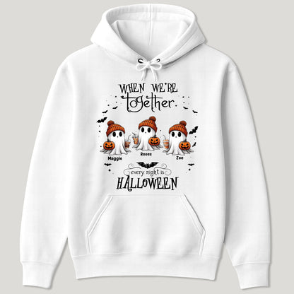 White hoodie featuring personalized Halloween ghost shirt design with three named ghosts in orange hats holding pumpkins
