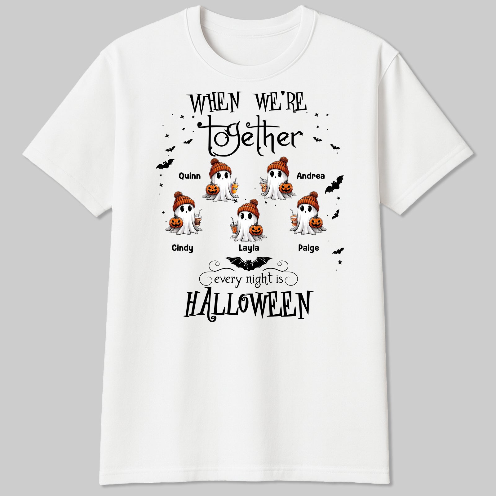 White personalized Halloween ghost shirt with six beanie ghosts holding pumpkins and customizable names