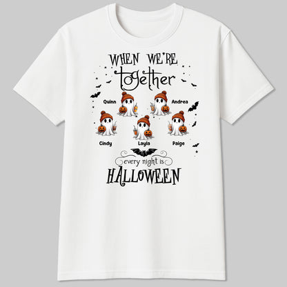 White personalized Halloween ghost shirt with six beanie ghosts holding pumpkins and customizable names