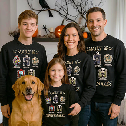 Smiling family of four and dog wearing personalized halloween shirt matching black family of nightmares design