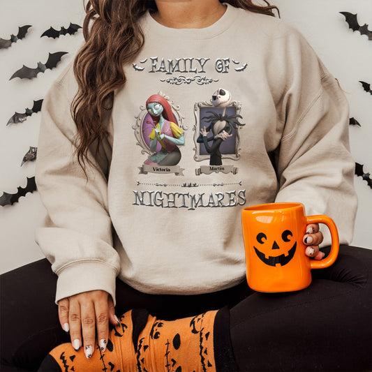 365Gifty personalized halloween shirt beige sweatshirt featuring Family of Nightmares Jack and Sally characters and pumpkin mug