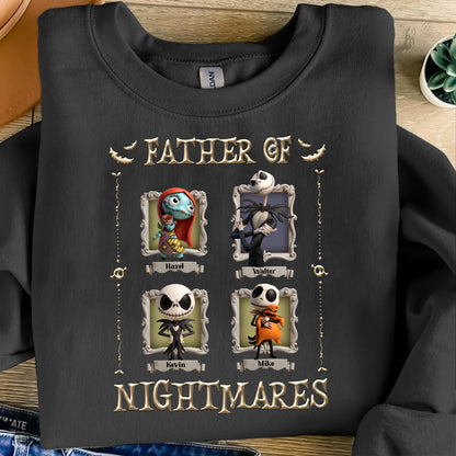 Black Father of Nightmares crewneck with four framed spooky characters, customizable names, personalized halloween shirt