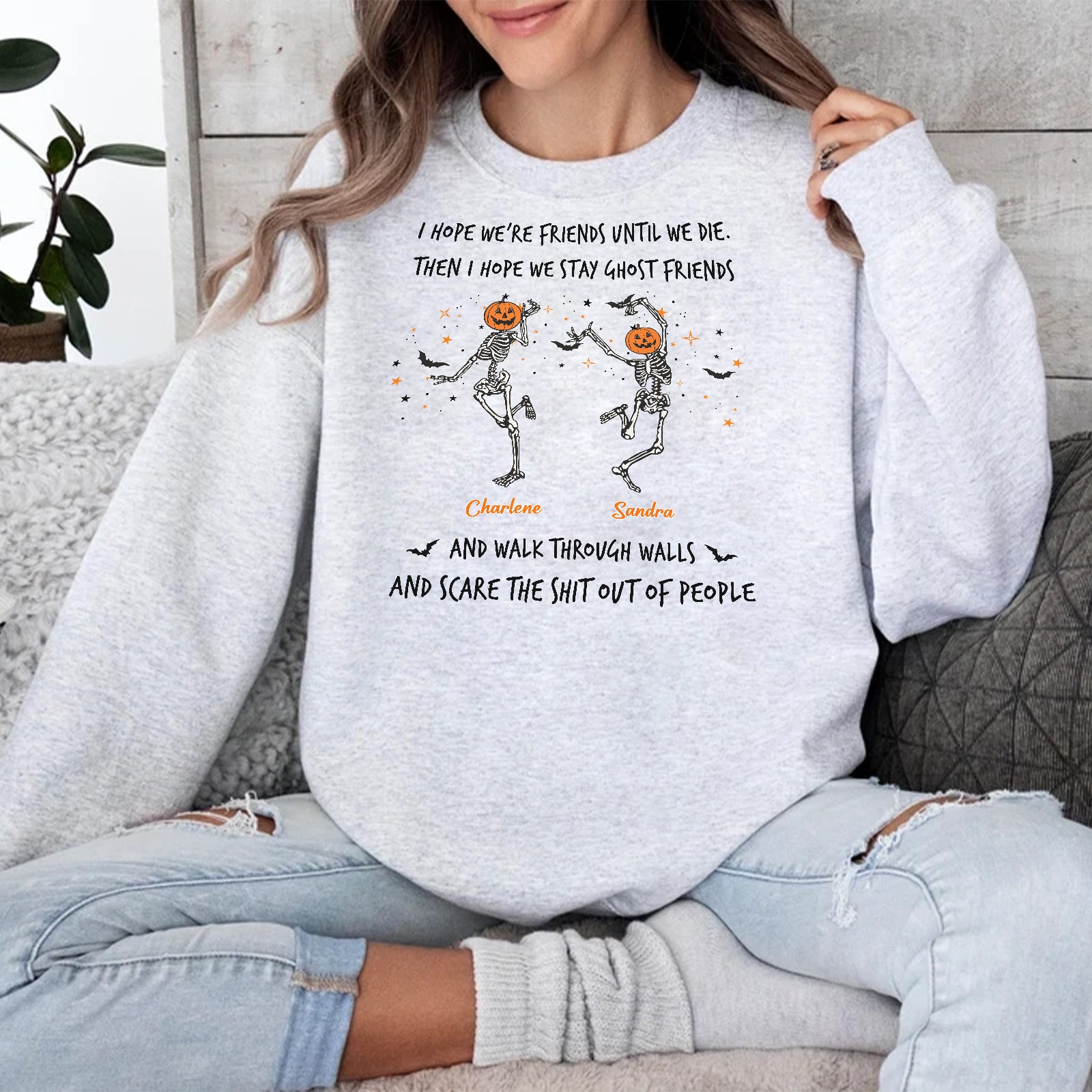 Model wearing 365Gifty custom best friend Halloween sweatshirt gray pullover with dancing skeleton pumpkin friends and text