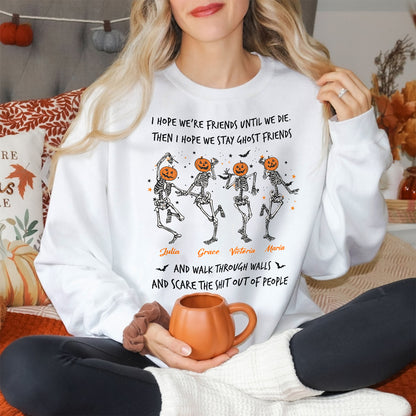 custom best friend Halloween sweatshirt white pullover with dancing skeletons pumpkin heads and printed names