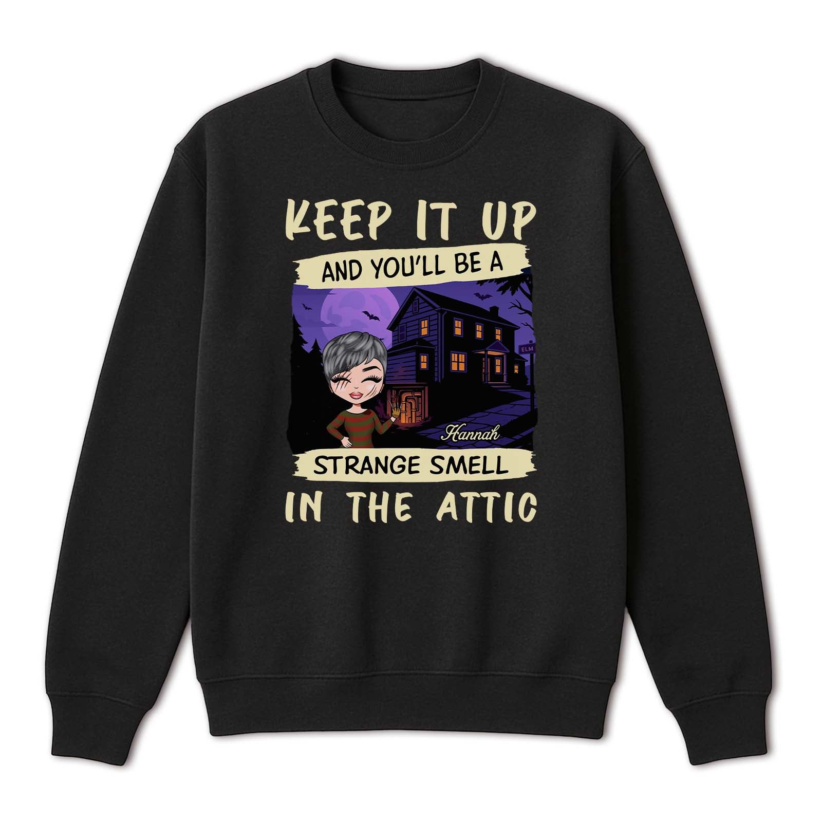 Black personalized funny Halloween shirt crewneck with cartoon haunted house chibi character and name Hannah