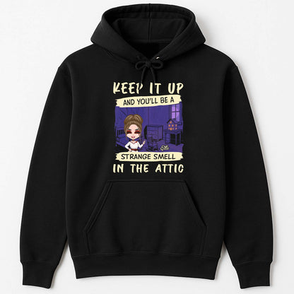 365Gifty personalized funny Halloween shirt black hoodie with cartoon woman and spooky attic graphic