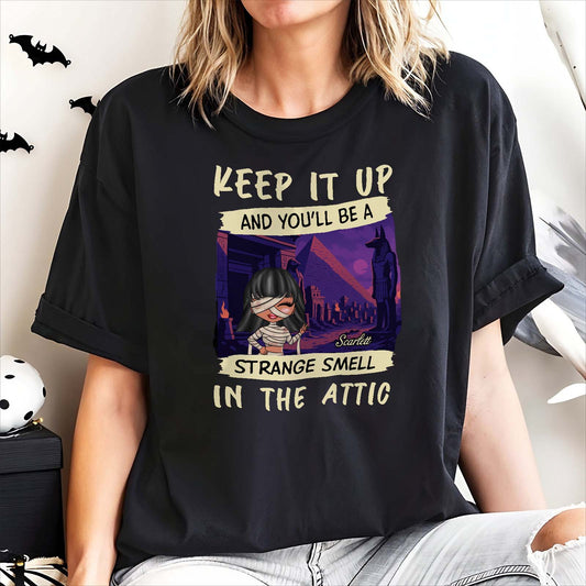 Cream sweatshirt personalized funny Halloween shirt showing three dancing skeletons with pumpkin heads and scripted names