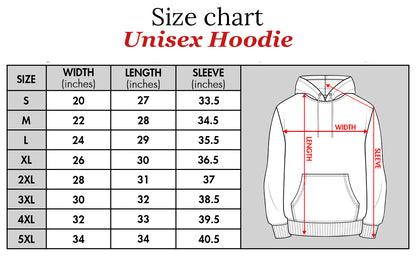 personalized funny Halloween shirt unisex hoodie size chart showing width length and sleeve measurements S to 5XL