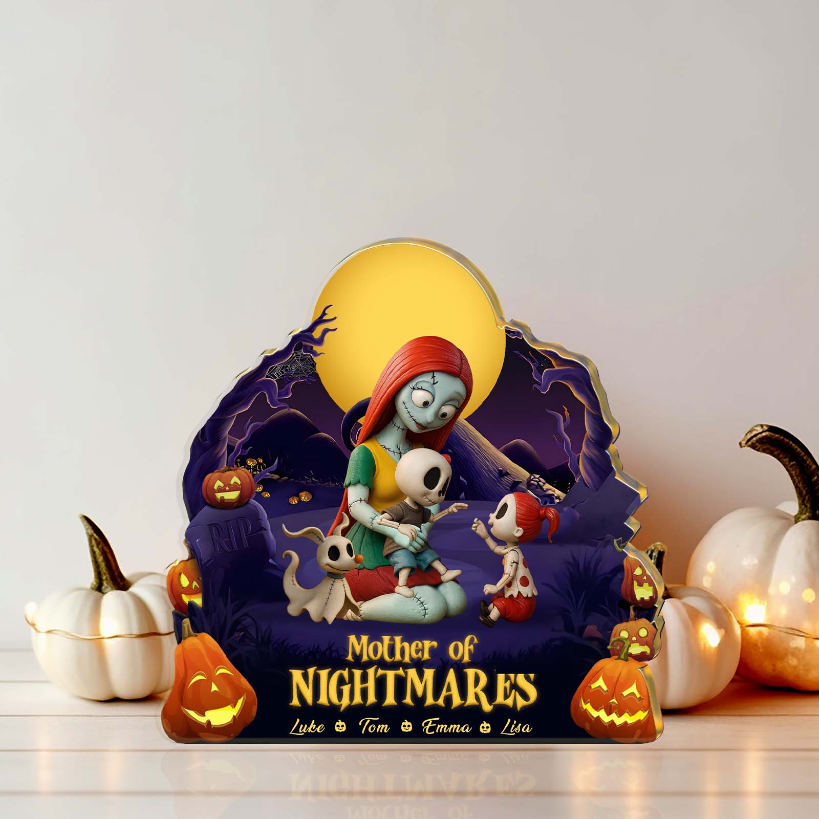 Personalized Halloween acrylic plaque featuring a mother of nightmares design with pumpkins and spooky characters