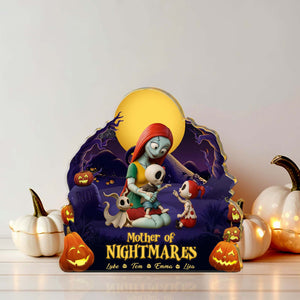 Personalized Halloween acrylic plaque featuring a mother of nightmares design with pumpkins and spooky characters