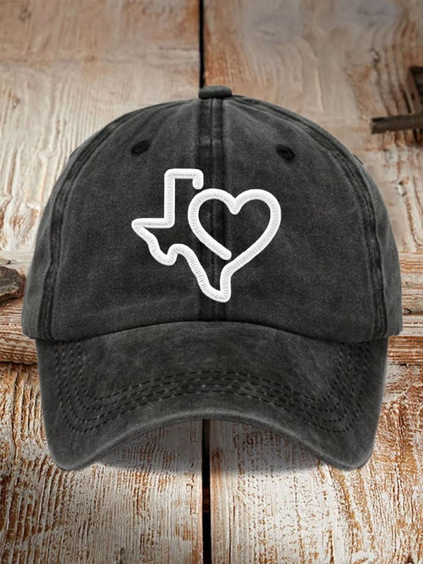 Texas strong baseball cap in black with white embroidered Texas and heart design from 365Gifty