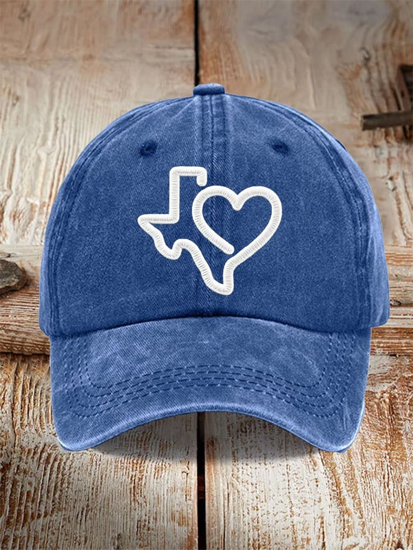 365Gifty blue Texas strong baseball cap with white Texas outline and heart embroidery