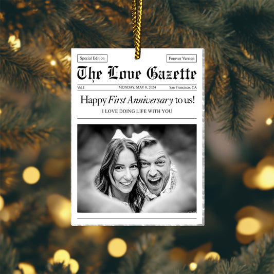 365Gifty personalized couple photo ornament designed like a newspaper celebrating first anniversary