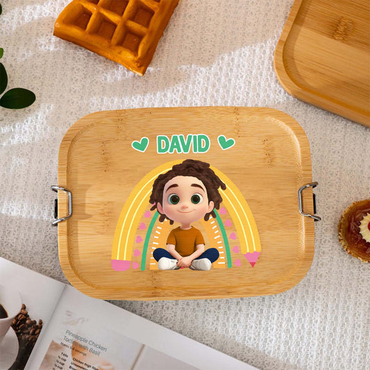 365Gifty personalized wooden Lunch Box for Kids with rainbow and cartoon boy design