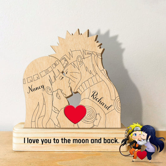 Unique anime couple gift ideas featuring a wooden art piece with two characters and a heartfelt message