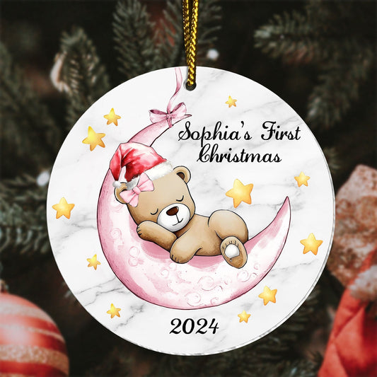Unique baby Christmas gift ornament with sleeping bear on crescent moon and personalized text