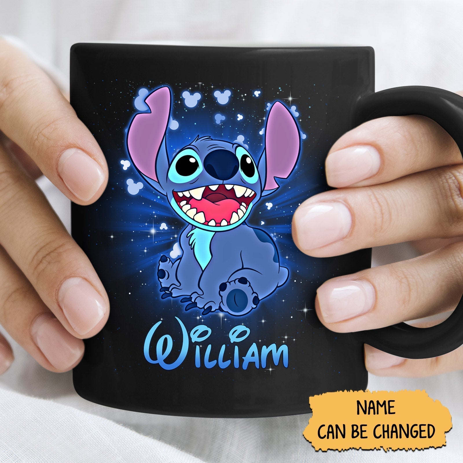 Unique cartoon coffee mug featuring a colorful Stitch character with customizable name option