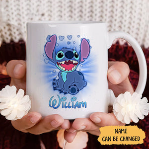 Unique cartoon coffee mug featuring a customizable character design with a playful expression